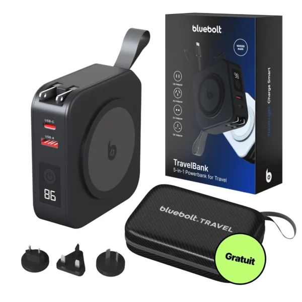 Chargeur Mural TravelBank 5-en-1 avec Station de Charge Sans Fil et Batterie Externe
