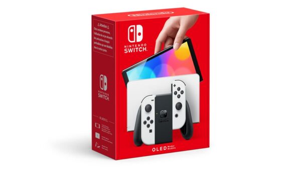 Nintendo Switch (modèle OLED) avec station d’accueil et manettes Joy-Con blanches
